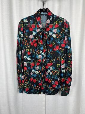 Hawes&Curtis Fitted Black Floral Satin Bow Tie Button Up Blouse Sz.UK10/US6